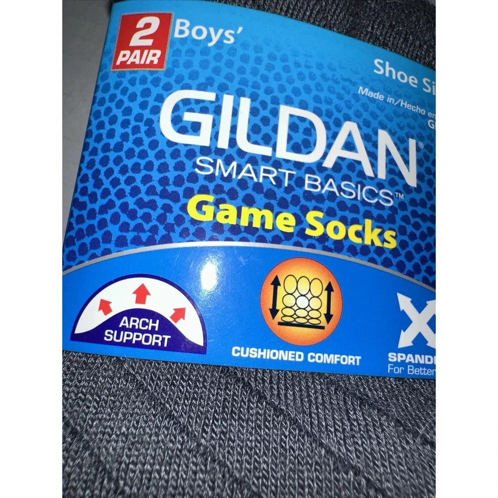 Gildan Boys size 3-9 Game Socks 2 pair No Show Black Gray Arch Support Cushioned